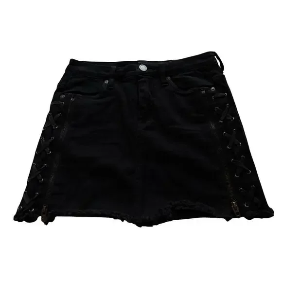 BlankNYC Black Lace-Up Denim Mini Skirt Moto Edgy Zipper Raw Hem Y2K Grunge 24 - Picture 3 of 8